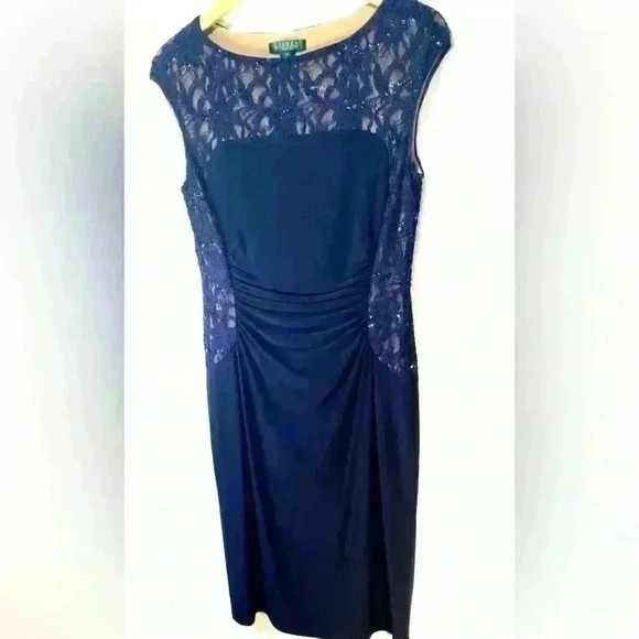 Lauren Ralph Lauren Navy Blue Lace Sequin Gathered Stretch Dress - Picture 2 of 9